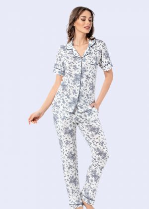 Alezne Kısa Kollu Yakalı Düğmeli Biyeli Pijama
