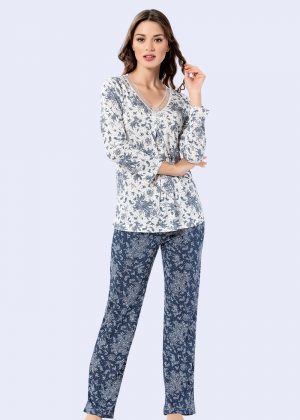 Alezne Uzun Kollu Güpür Yaka Pijama