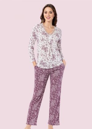 Alezne Uzun Kollu Güpür Yaka Pijama