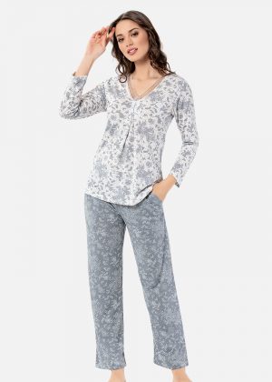 Alezne Uzun Kollu Güpür Yaka Pijama