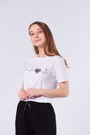 Moda Clubu Beyaz Kalp Siyah Pijama Bayan Pijama Takımı