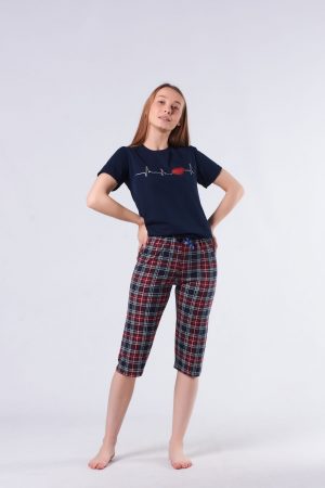 Moda Clubu Lacivert Kalp Kapri Ekoseli Çift Kombin Pijama Takımı