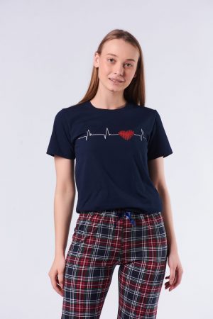 Moda Clubu Lacivert Kalp Kapri Ekoseli Çift Kombin Pijama Takımı