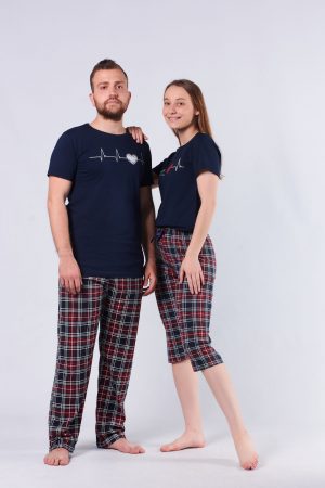 Moda Clubu Lacivert Kalp Kapri Ekoseli Çift Kombin Pijama Takımı