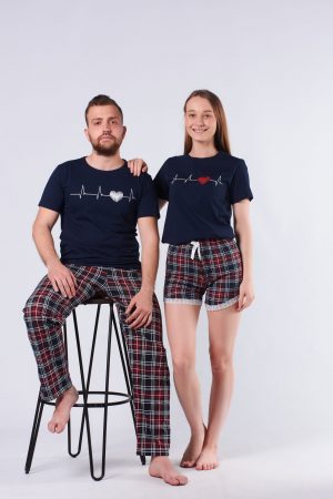 Moda Clubu Lacivert Kalp Şortlu Ekoseli Çift Kombin Pijama Takımı