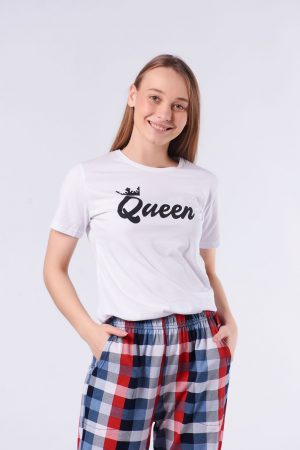 Moda Clubu Queen Beyaz Ekoseli Bayan Pijama Takımı