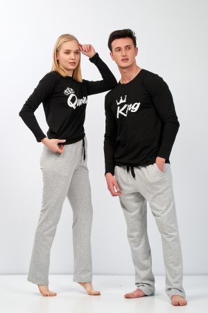 Moda Clubu Gri-Siyah Çift Pijama Takımı Queen-King