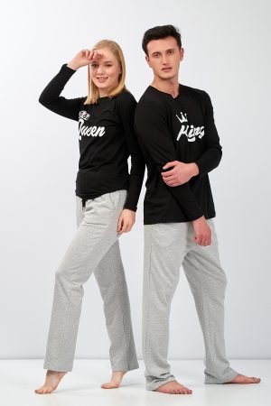 Moda Clubu Gri-Siyah Çift Pijama Takımı Queen-King