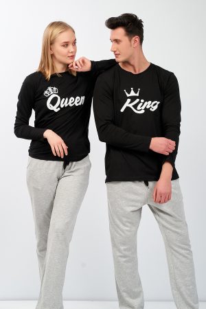 Moda Clubu Gri-Siyah Çift Pijama Takımı Queen-King