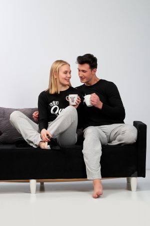 Moda Clubu Gri-Siyah Çift Pijama Takımı Queen-King