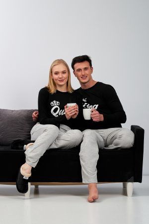 Moda Clubu Gri-Siyah Çift Pijama Takımı Queen-King