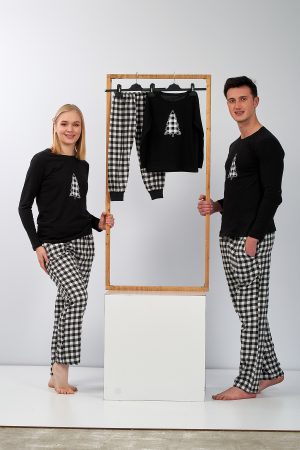 Moda Clubu Siyah/Beyaz Ekose Desen Çam Baskılı Çift Pijama Takımı