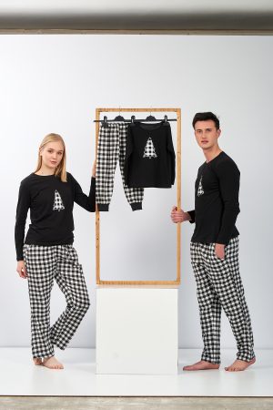 Moda Clubu Siyah/Beyaz Ekose Desen Çam Baskılı Çift Pijama Takımı